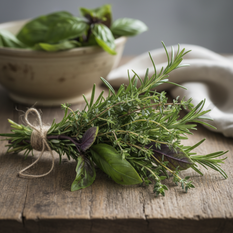 Fresh Herbs Bundle Rosemary Thyme Basil  Overcast Daylight Tabletop Scene