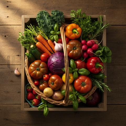Organic Farmers Market Vegetables In Basket  Soft Golden Hour Macro Detail