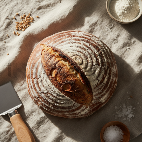 Organic Sourdough Loaf On Linen  Diffused Morning Light Overhead