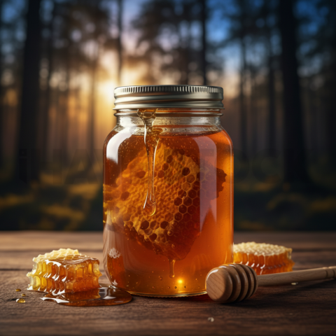 Raw Honey In Glass Jar With Comb  Moody Twilight Macro Detail