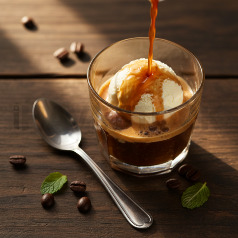 Affogato Espresso With Gelato  Soft Golden Hour Three Quarter Angle(1)