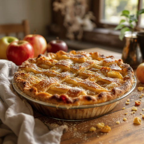Apple Pie With Lattice Crust  Natural Window Light Tabletop Scene