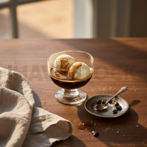 Affogato Espresso With Gelato  Soft Golden Hour Three Quarter Angle
