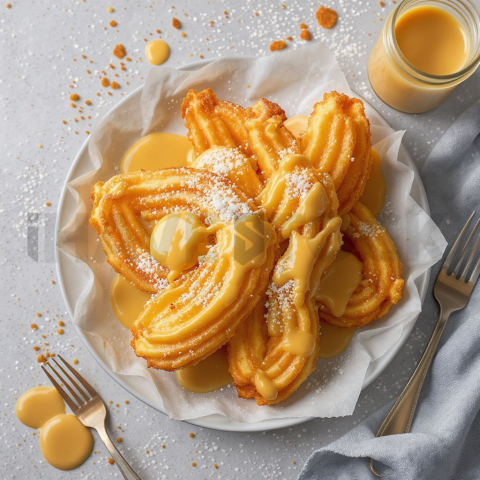 Churros With Dulce De Leche  Overcast Daylight Tabletop Scene