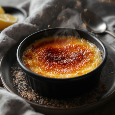 Crème Brûlée With Caramelized Sugar  Overcast Daylight Tabletop Scene