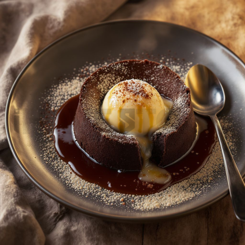 Dark Chocolate Lava Cake With Vanilla Ice Cream  Soft Golden Hour Macro Detail