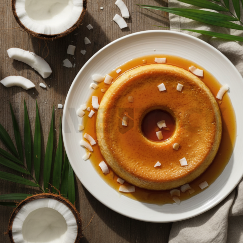 Coconut Flan With Caramel  Natural Window Light Overhead