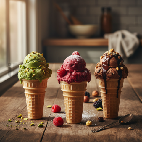 Gelato Trio In Waffle Cones  Natural Window Light Overhead