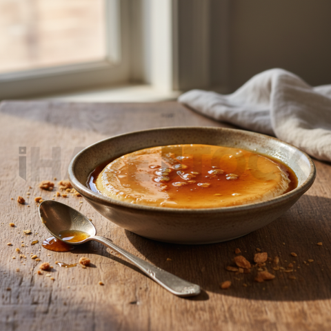 Milk Pudding With Caramel Sauce  Natural Window Light Overhead