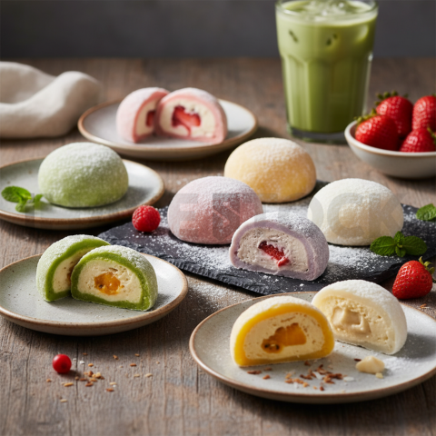 Mochi Ice Cream Assorted Flavors  Natural Window Light Tabletop Scene