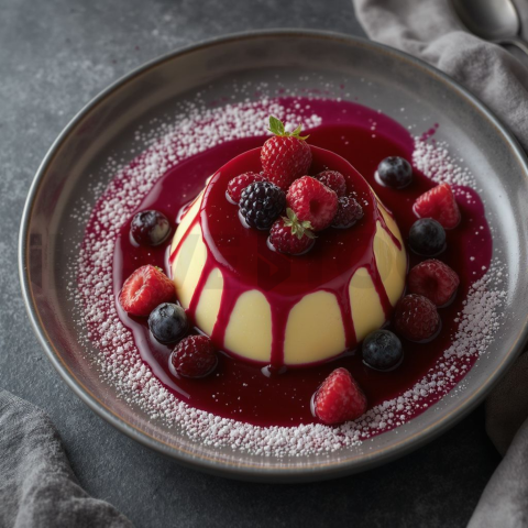 Panna Cotta With Berry Coulis  Overcast Daylight Overhead
