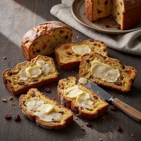 Panettone Slices With Butter  Overcast Daylight Overhead