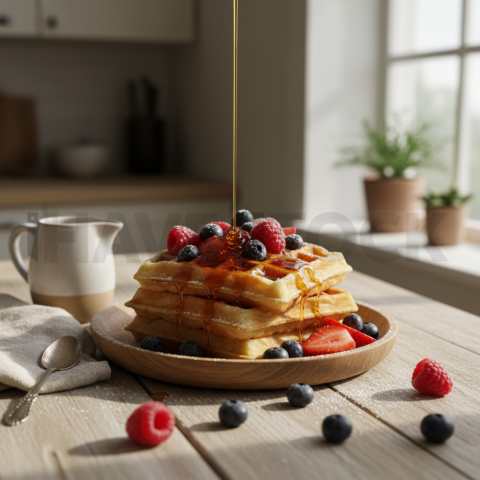 Waffles With Berries And Syrup  Natural Window Light Tabletop Scene