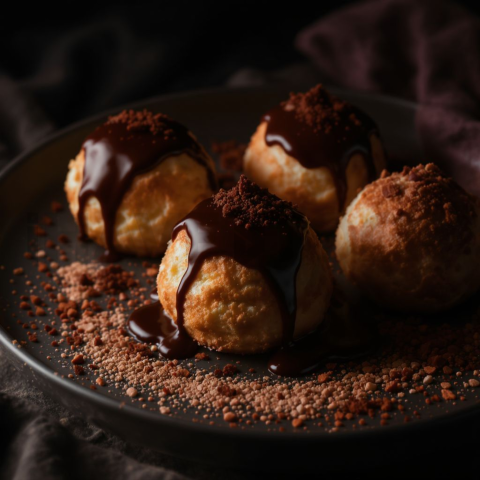Profiteroles With Chocolate Sauce  Moody Twilight Three Quarter Angle