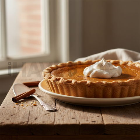 Pumpkin Pie With Cream  Diffused Morning Light Tabletop Scene