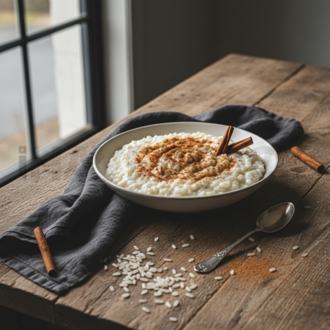 Rice Pudding With Cinnamon  Overcast Daylight Tabletop Scene