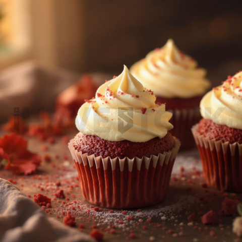 Red Velvet Cupcakes With Cream Cheese Frosting  Soft Golden Hour Three Quarter Angle