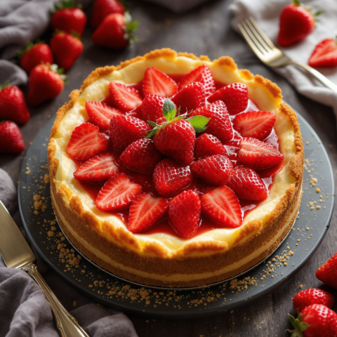 Strawberry Cheesecake With Graham Crust  Natural Window Light Overhead