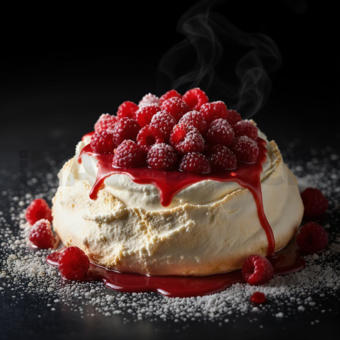 Raspberry Pavlova With Whipped Cream  Studio Softbox Three Quarter Angle