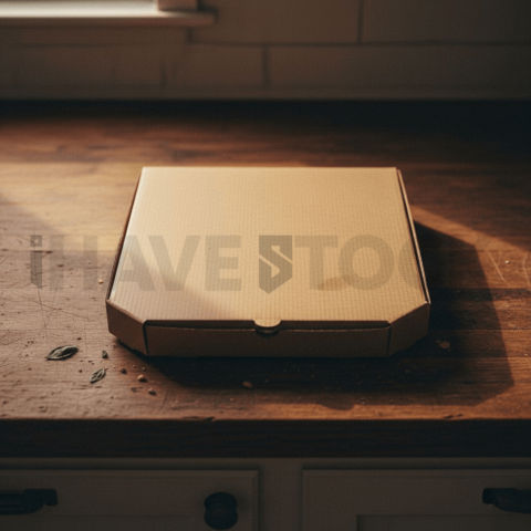 Cardboard Pizza Box On Counter