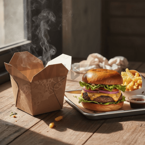 Takeout Box Next To Burger Mea