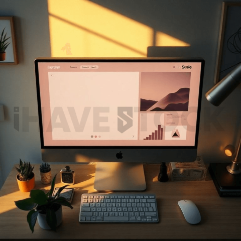 Cinematic landing page   UI concept — desktop monitor screen UI concept screen (shape layout, no text), creative startup workspace — premium digital advertising asset #0210