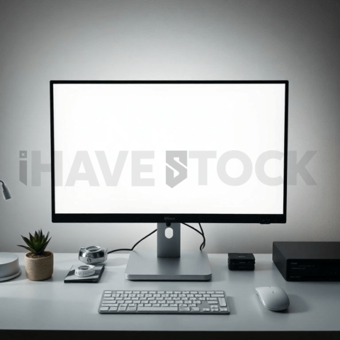 Cinematic landing page   UI concept — desktop monitor screen 100  empty mockup screen, premium minimalist workspace — premium digital advertising asset #0229