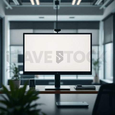 Cinematic landing page   UI concept — desktop monitor screen UI concept screen (shape layout, no text), modern SaaS office environment — premium digital advertising asset #0248