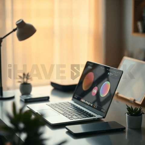 Cinematic landing page   UI concept — laptop screen UI concept screen (shape layout, no text), clean tech workspace with natural light — premium digital advertising asset #0238