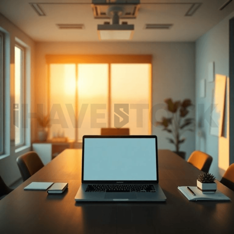 Cinematic landing page   UI concept — laptop screen 100  empty mockup screen, modern SaaS office environment — premium digital advertising asset #0269