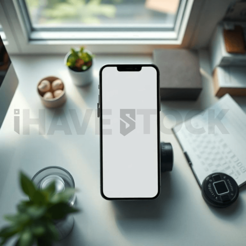 Cinematic landing page   UI concept — smartphone screen 100  empty mockup screen, clean tech workspace with natural light — premium digital advertising asset #0263