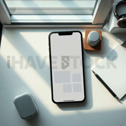 Cinematic landing page   UI concept — smartphone screen UI concept screen (shape layout, no text), clean tech workspace with natural light — premium digital advertising asset #0252
