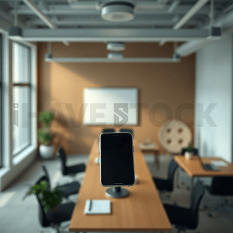 Cinematic landing page   UI concept — smartphone screen UI concept screen (shape layout, no text), modern SaaS office environment — premium digital advertising asset #0226