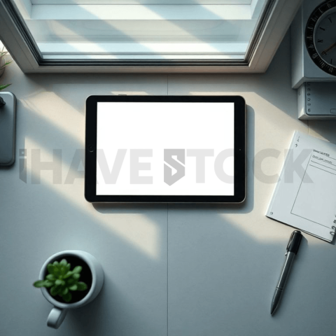 Cinematic landing page   UI concept — tablet screen 100  empty mockup screen, clean tech workspace with natural light — premium digital advertising asset #0227