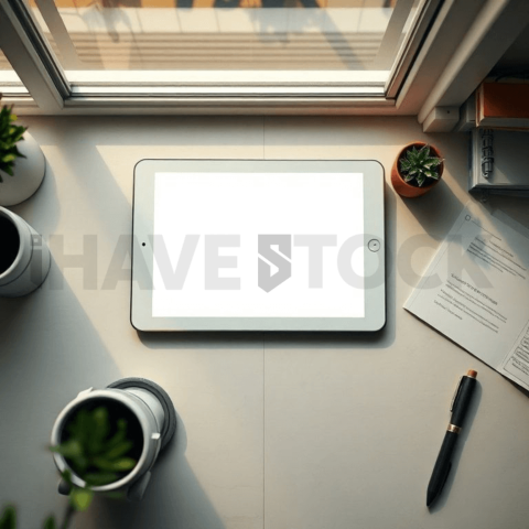 Cinematic landing page   UI concept — tablet screen 100  empty mockup screen, clean tech workspace with natural light — premium digital advertising asset #0219