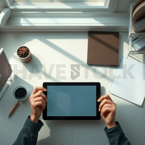 Cinematic landing page   UI concept — tablet screen UI concept screen (shape layout, no text), clean tech workspace with natural light — premium digital advertising asset #0216