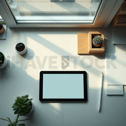 Cinematic landing page   UI concept — tablet screen UI concept screen (shape layout, no text), clean tech workspace with natural light — premium digital advertising asset #0208