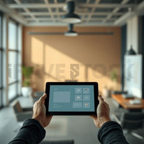 Cinematic landing page   UI concept — tablet screen UI concept screen (shape layout, no text), modern SaaS office environment — premium digital advertising asset #0258