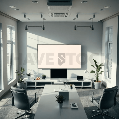 Cinematic landing page   UI concept — ultrawide display screen UI concept screen (shape layout, no text), modern SaaS office environment — premium digital advertising asset #0202