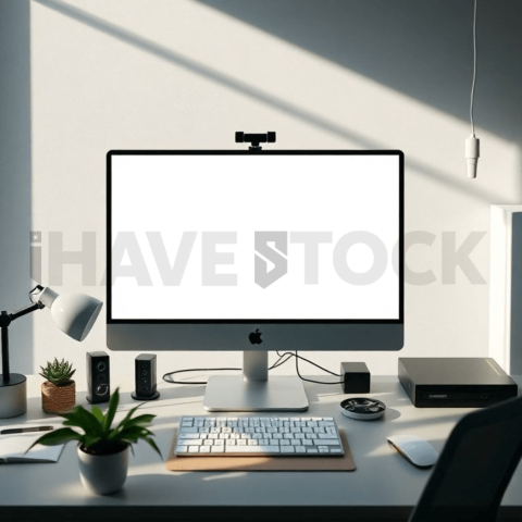 Cinematic landing page   UI concept — desktop monitor screen 100  empty mockup screen, clean tech workspace with natural light — premium digital advertising asset #0233