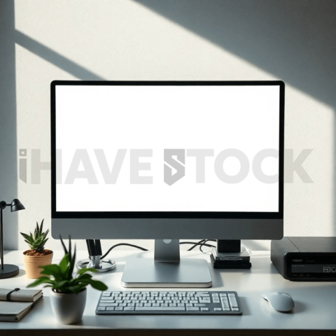 Cinematic landing page   UI concept — desktop monitor screen 100  empty mockup screen, clean tech workspace with natural light — premium digital advertising asset #0235
