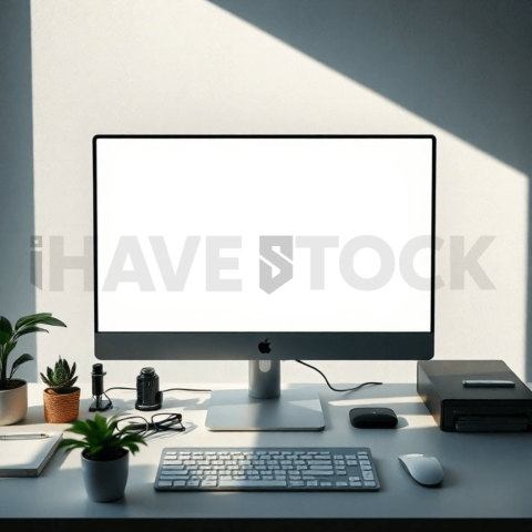 Cinematic landing page   UI concept — desktop monitor screen 100  empty mockup screen, clean tech workspace with natural light — premium digital advertising asset #0253