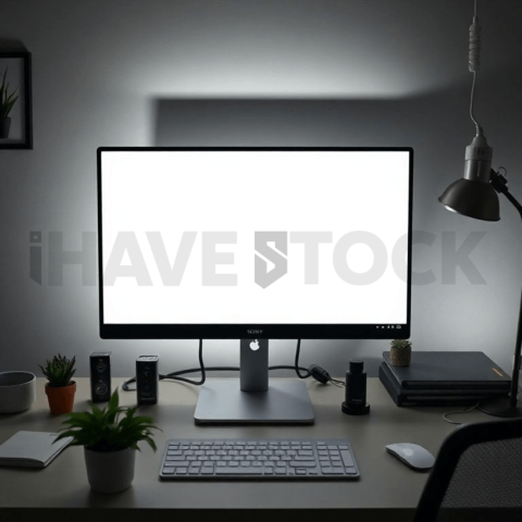 Cinematic landing page   UI concept — desktop monitor screen 100  empty mockup screen, creative startup workspace — premium digital advertising asset #0259