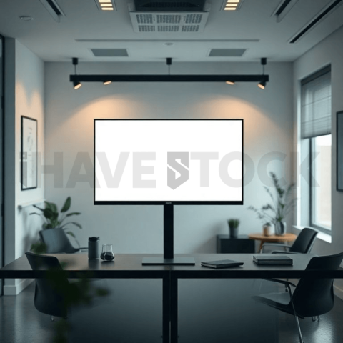 Cinematic landing page   UI concept — desktop monitor screen 100  empty mockup screen, modern SaaS office environment — premium digital advertising asset #0305