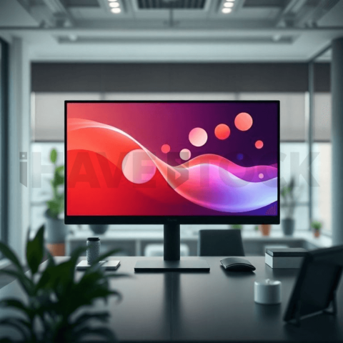 Cinematic landing page   UI concept — desktop monitor screen UI concept screen (shape layout, no text), modern SaaS office environment — premium digital advertising asset #0284