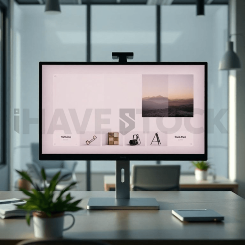 Cinematic landing page   UI concept — desktop monitor screen UI concept screen (shape layout, no text), modern SaaS office environment — premium digital advertising asset #0314