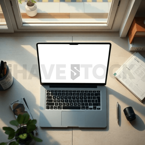 Cinematic landing page   UI concept — laptop screen 100  empty mockup screen, clean tech workspace with natural light — premium digital advertising asset #0309