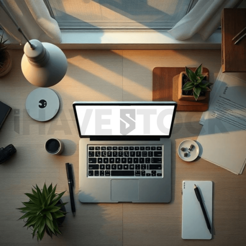 Cinematic landing page   UI concept — laptop screen 100  empty mockup screen, creative startup workspace — premium digital advertising asset #0291