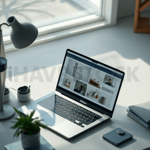 Cinematic landing page   UI concept — laptop screen UI concept screen (shape layout, no text), clean tech workspace with natural light — premium digital advertising asset #0274