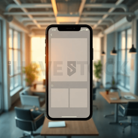 Cinematic landing page   UI concept — smartphone screen UI concept screen (shape layout, no text), modern SaaS office environment — premium digital advertising asset #0294